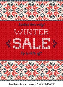 Ugly sweater Christmas Season Winter Autumn Sale Poster. Vector illustration knitted seamless background pattern snowflakes, scandinavian ornaments advertising flyers, banners. White, red, blue colour