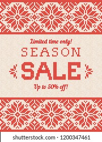 Ugly sweater Christmas Season Winter Autumn Sale Poster. Vector illustration knitted seamless background pattern snowflakes, scandinavian ornaments advertising flyers, banners. White, red, blue colour