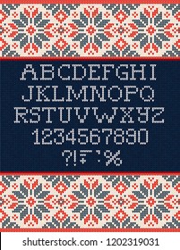 Ugly sweater Christmas Season Winter Sale Poster. Vector illustration knitted background pattern with deers snowflakes, scandinavian ornaments for advertising flyers, banners. White, blue, red colors