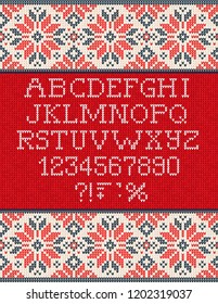 Ugly sweater Christmas Season Winter Sale Poster. Vector illustration knitted background pattern with deers snowflakes, scandinavian ornaments for advertising flyers, banners. White, blue, red colors
