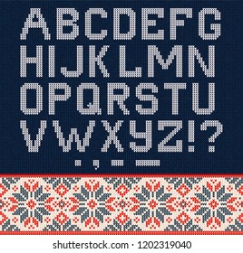 Ugly sweater Christmas Season Winter Sale Poster. Vector illustration knitted background pattern with deers snowflakes, scandinavian ornaments for advertising flyers, banners. White, blue, red colors