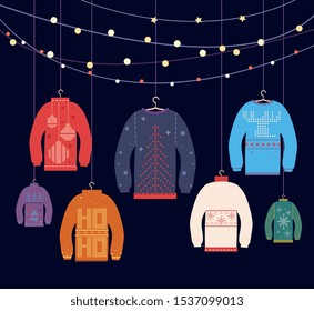 Ugly sweater. Christmas sweaters with different cute prints and ornaments, new years party greeting card decor, vector background