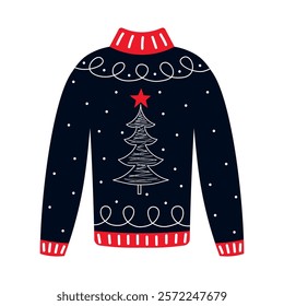 ugly sweater with christmas tree and snowflakes isolated on white, new year cozy warm clothes with winter holiday symbols, flat style