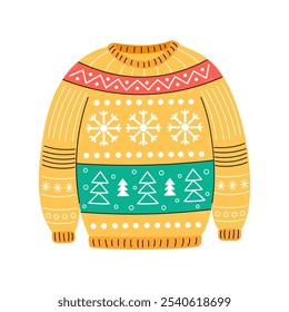 Ugly sweater cute Christmas warm clothes. Isolated vector illustration. Xmas holiday symbol for December seasonal designs and greeting cards. Flat and doodle elements.