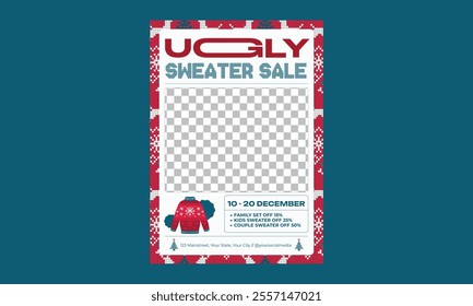 Ugly Sweater Flyer. greeting card, poster, holiday cover, banner, flyer. Modern flat vector illustration.