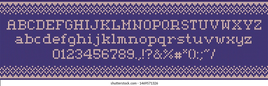 Ugly sweater font. Knitted letters, christmas holiday clothes sweaters and xmas knits fabric. Knitted alphabet, new year jumper abc letter and numbers vector illustration symbols set