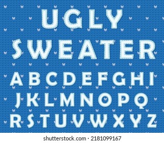 Ugly sweater font vector illustration on knitted woolen background, winter textured pattern with typography design, font for holiday poster for merry christmas cards, set of embeoidery letters