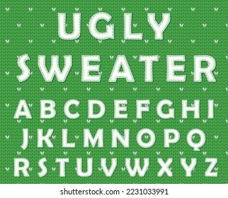 Ugly sweater font vector illustration on knitted woolen background, winter textured pattern with typography design, font for holiday poster for merry christmas cards, set of embroidery letters for new