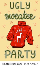 Ugly Sweater Holiday Party Invitation Card Template. Vector drawing on snow background.