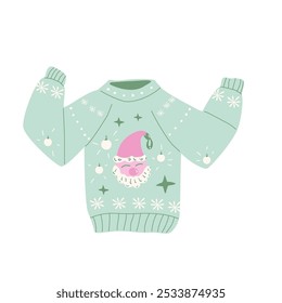 Ugly Sweater isolated on white background. Knitted pullover with Christmas Santa holiday decor. Vector hand drawn flat illustration