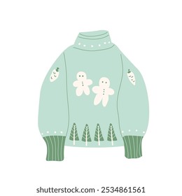 Ugly Sweater isolated on white background. Knitted pullover with Christmas gingerbread holiday decor. Vector hand drawn flat illustration