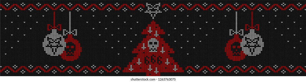 Ugly sweater knitted  background in black, red and white colors. Christmas tree decorated with a pentagram, inverted crosses and a skull and Christmas balls with skull and pentagram.