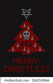 Ugly sweater knitted  background in black, red and white colors. Christmas tree decorated with a pentagram, inverted crosses and a skull.