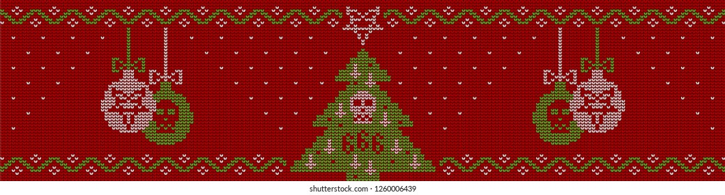 Ugly sweater knitted  background in red, green and white colors. Christmas tree decorated with a pentagram, inverted crosses and a skull and Christmas balls with skull and pentagram.