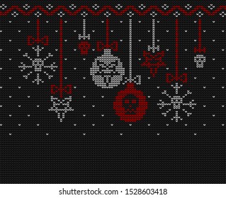 Ugly sweater knitted design  in black, red and white colors. Christmas balls decorated with a pentagram and a skull.