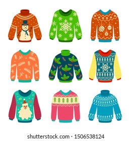 Ugly sweater. Knitted jumpers with christmas patterns, snowman and santa claus. Xmas scrapbook elements vector holiday winter cute set