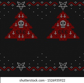 Ugly sweater knitted seamless pattern in black, red and white colors. Christmas tree decorated with a pentagram, inverted crosses and a skull.