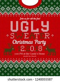 Ugly sweater -mas Christmas party invite. Vector illustration Handmade knitted background pattern with deers christmas tree and snowflakes, scandinavian ornaments. White, red, green colors.