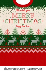 Ugly sweater Merry Christmas greeting card. Vector illustration Handmade knitted background pattern with deers, christmas tree and snowflakes, scandinavian ornaments. White, red, green colors.