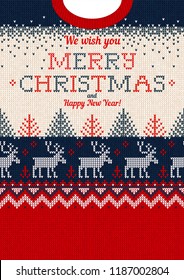 Ugly sweater Merry Christmas greeting card. Vector illustration Handmade knitted background pattern with deers, christmas tree and snowflakes, scandinavian ornaments. White, red, blue colors.