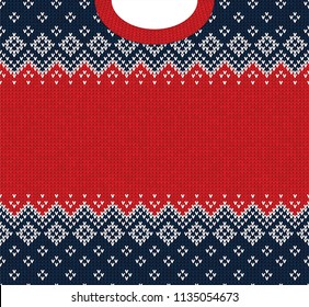 Ugly sweater Merry Christmas and Happy New Year greeting card frame border template. Vector illustration knitted background pattern with folk style scandinavian ornaments. White, red, blue colors.