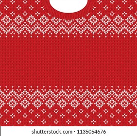 Ugly sweater Merry Christmas and Happy New Year greeting card frame border template. Vector illustration knitted background pattern with folk tribal style scandinavian ornaments. White, red colors.