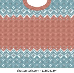 Ugly sweater Merry Christmas and Happy New Year greeting card frame border template. Vector illustration knitted background pattern with folk style scandinavian ornaments. White, brown, blue colors.