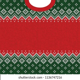 Ugly sweater Merry Christmas and Happy New Year greeting card frame border template. Vector illustration knitted background pattern with folk style scandinavian ornaments. White, red, green colors.