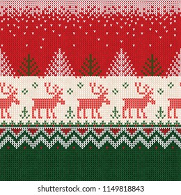 Ugly sweater Merry Christmas and Happy New Year greeting card frame border seamless pattern. Vector illustration knitted background pattern deers scandinavian ornaments. White, red, green colors.