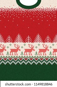 Ugly sweater Merry Christmas and Happy New Year greeting card frame border template. Vector illustration seamless knitted background pattern deers scandinavian ornaments. White, red, green colors.