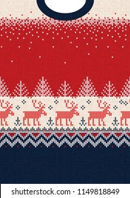 Ugly Sweater Merry Christmas And Happy New Year Greeting Card Frame Border Template. Vector Illustration Seamless Knitted Background Pattern Deers Scandinavian Ornaments. White, Red, Blue Colors.