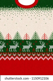 Ugly sweater Merry Christmas and Happy New Year greeting card frame border template. Vector illustration seamless knitted background pattern deers scandinavian ornaments. White, red, green colors.