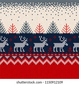 Ugly sweater Merry Christmas and Happy New Year greeting card frame border seamless pattern. Vector illustration knitted background pattern deers scandinavian ornaments. White, red, blue colors.