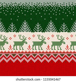 Ugly sweater Merry Christmas and Happy New Year greeting card frame border seamless pattern. Vector illustration knitted background pattern deers scandinavian ornaments. White, red, green colors.