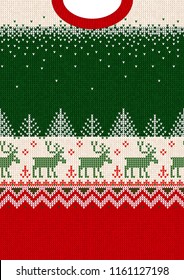 Ugly sweater Merry Christmas and Happy New Year greeting card frame border template. Vector illustration seamless knitted background pattern deers scandinavian ornaments. White, red, green colors.