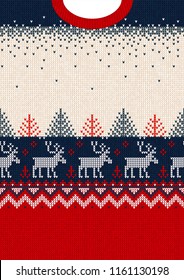 Ugly sweater Merry Christmas and Happy New Year greeting card frame border template. Vector illustration seamless knitted background pattern deers scandinavian ornaments. White, red, blue colors.