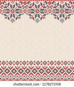Ugly sweater Merry Christmas Happy New Year greeting card frame border knitted pattern. Vector illustration knitted background pattern with folk style scandinavian ornaments. White, red, blue colors.