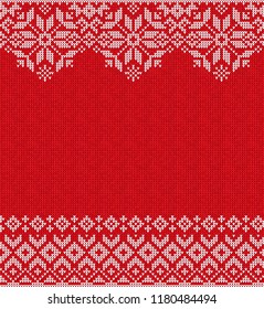 Ugly sweater Merry Christmas and Happy New Year greeting card frame border knitted pattern. Vector illustration knitted background pattern with folk style scandinavian ornaments. White, red, colors.