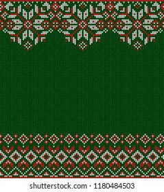 Ugly sweater Merry Christmas Happy New Year greeting card frame border knitted pattern. Vector illustration knitted background pattern with folk style scandinavian ornaments. White, red, green colors.