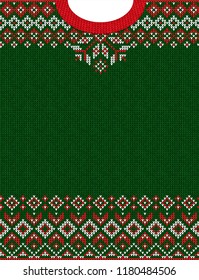 Ugly sweater Merry Christmas Happy New Year greeting card frame border knitted pattern. Vector illustration knitted background pattern with folk style scandinavian ornaments. White, red, green colors.