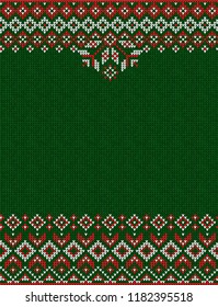 Ugly sweater Merry Christmas Happy New Year greeting card frame border knitted pattern. Vector illustration knitted background pattern with folk style scandinavian ornaments. White, red, green colors.