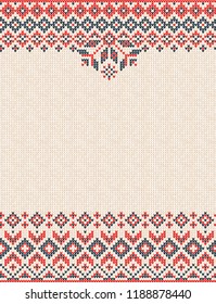 Ugly sweater Merry Christmas Happy New Year greeting card frame border knitted pattern. Vector illustration knitted background pattern with folk style scandinavian ornaments. White, red, blue colors.