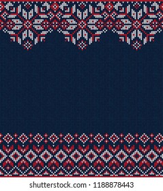 Ugly sweater Merry Christmas Happy New Year greeting card frame border knitted pattern. Vector illustration knitted background pattern with folk style scandinavian ornaments. White, red, blue colors.