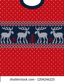 Ugly sweater Merry Christmas and Happy New Year greeting card frame border seamless pattern. Vector illustration knitted background pattern deers scandinavian ornaments. White, red, blue colors.