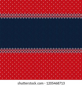 Ugly sweater Merry Christmas and Happy New Year greeting card frame border template. Vector illustration knitted background pattern with folk style scandinavian ornaments. White, red, blue colors.