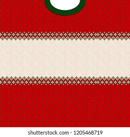 Ugly sweater Merry Christmas and Happy New Year greeting card frame border template. Vector illustration knitted background pattern with folk style scandinavian ornaments. White, red, green colors.