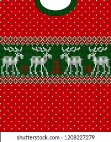 Ugly sweater Merry Christmas and Happy New Year greeting card frame border seamless pattern. Vector illustration knitted background pattern deers scandinavian ornaments. White, red, green colors.