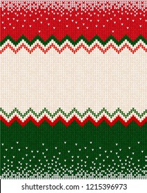 Ugly sweater Merry Christmas and Happy New Year greeting card frame border . Vector illustration knitted background seamless pattern with folk style scandinavian ornaments. White, red, green colors.