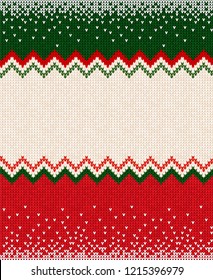 Ugly sweater Merry Christmas and Happy New Year greeting card frame border . Vector illustration knitted background seamless pattern with folk style scandinavian ornaments. White, red, green colors.