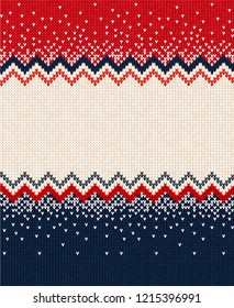Ugly sweater Merry Christmas and Happy New Year greeting card frame border . Vector illustration knitted background seamless pattern with folk style scandinavian ornaments. White, red, blue colors.